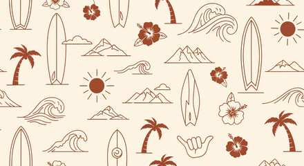 A seamless pattern featuring a collection of stylized Hawaiian-themed elements including surfboards, palm trees, hibiscus flowers, mountains, and waves.