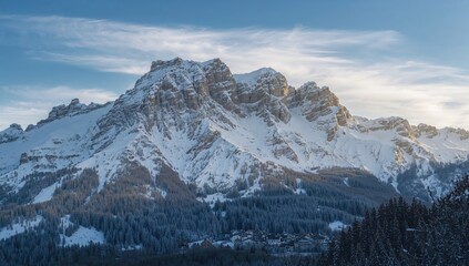Fototapeta premium Snowy mountain peak in winter, highlighting erosion risk