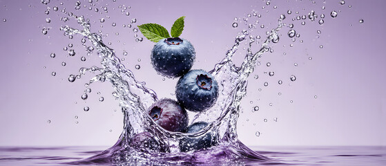 Fresh blueberries splashing in water with vibrant motion and elegance
