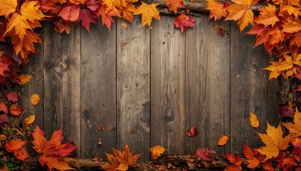 Vivid autumn leaves against a wood background, seasonal change