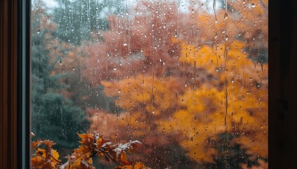 Rain cascading down a windowpane, creating a serene atmosphere
