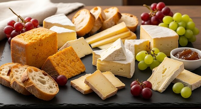 Delicious assortment of cheeses with fresh bread and grapes on a black platter ready to eat - Powered by Adobe