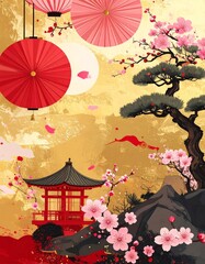 金屏風の背景に和風小物の背景素材