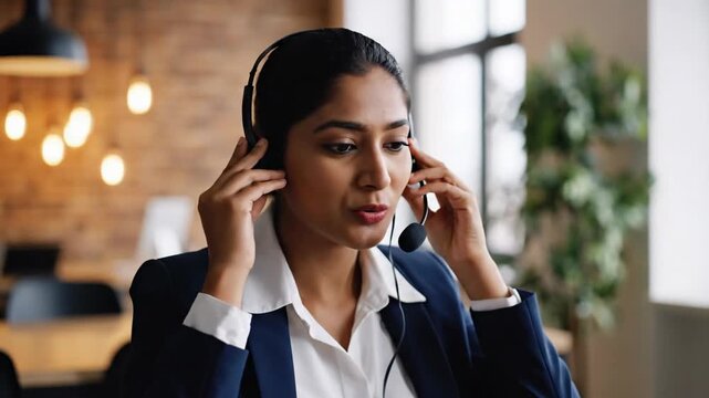 Business development representative prepares for a partner call, arranging her headset at a neat and organized modern desk with a laptop, creating a professional aesthetic.