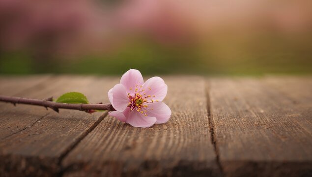Cherry blossoms on a wooden tabletop, a seasonal floral display, springtime ambiance
