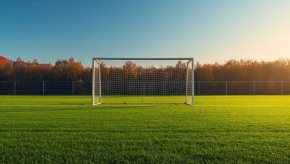 Soccer goal positioned in a deserted field during autumn, suitable for editorial header background