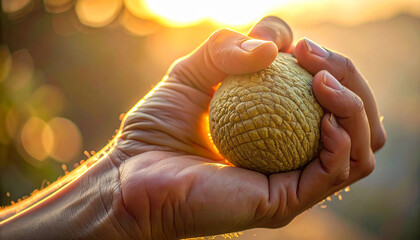Hand holding baseball: The warm light of the setting sun highlights a hand cradling a baseball, ready for action. The texture of the ball is emphasized.