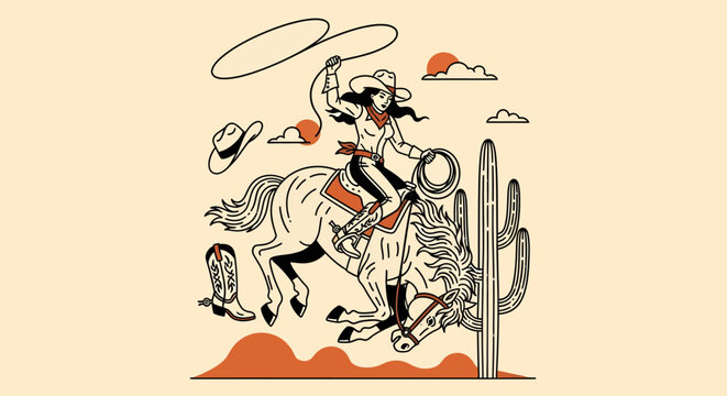 Dynamic illustration of a cowgirl riding a bucking bronco while swinging a lasso in the desert.