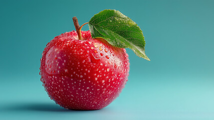 Fresh red apple with leaf and water droplets against a blue background
