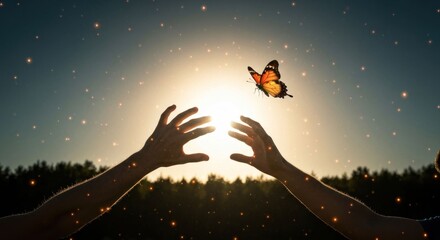Hands reaching for a butterfly at sunset, with golden sparkles