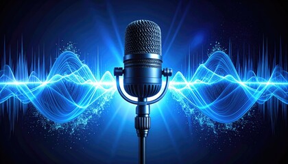 Retro Microphone stands center stage against a vibrant blue sound wave equalizer display symbolizing audio recording and broadcast technology illuminated by dramatic studio lighting
