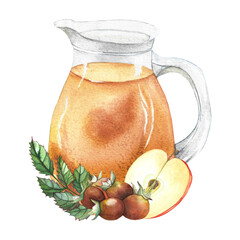 apple juice with rose hips in a glass decanter, watercolor illustration for packaging, tableware, textiles, and design