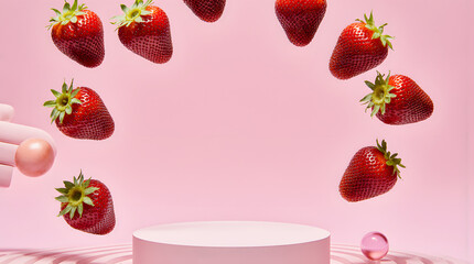 Floating strawberries above pink podium in playful, modern studio scene