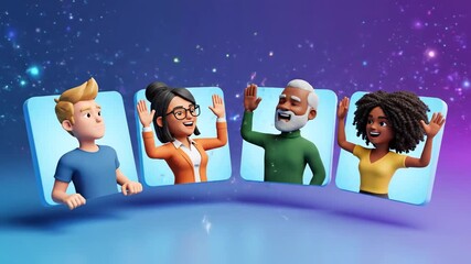 A vibrant 3D cartoon animation of a remote team standup. Diverse avatars in floating video tiles wave and interact in a futuristic digital space, symbolizing modern teamwork. - Powered by Adobe