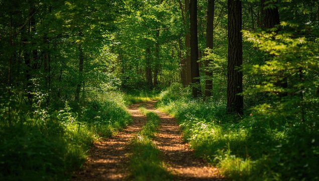 Lush green forest path in summer, ideal for outdoor exploration and connection with nature