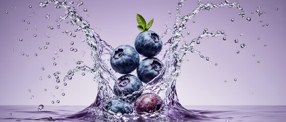 Fresh blueberries splashing in water with vibrant motion and elegance