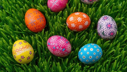 Closeup of colorful Easter eggs on vibrant artificial grass, seasonal celebration