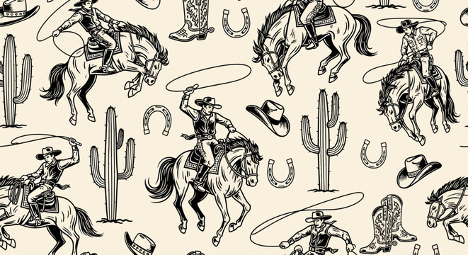 Seamless vintage Western pattern featuring cowboys on horses, lassos, hats, horseshoes, and cacti in a hand-drawn style.