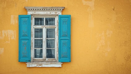 Fototapeta premium Vintage window with blue shutters set against a yellow wall, ideal for editorial header background