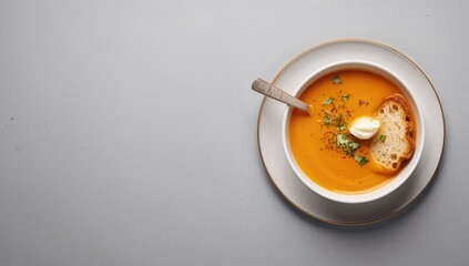 Pumpkin soup served in a plate with bread and wooden spoon, beneficial fiber-dense choice
