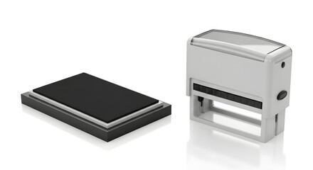 An office stamp and an ink pad, essential for everyday tasks, side by side. The composition shows the items with clean lines, creating a visual balance