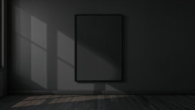 3D rendering of a black poster in a living room setting, suitable for modern decor