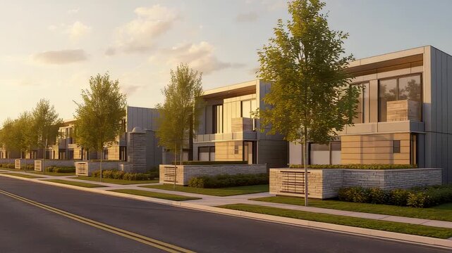 Row of modern luxury townhouses with clean lines and large windows along quiet suburban street at sunset