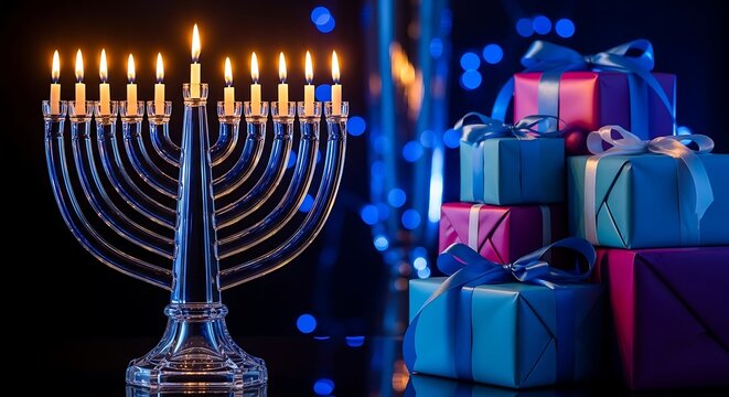 Illuminated menorah with presents on dark background for hanukkah celebration - Powered by Adobe