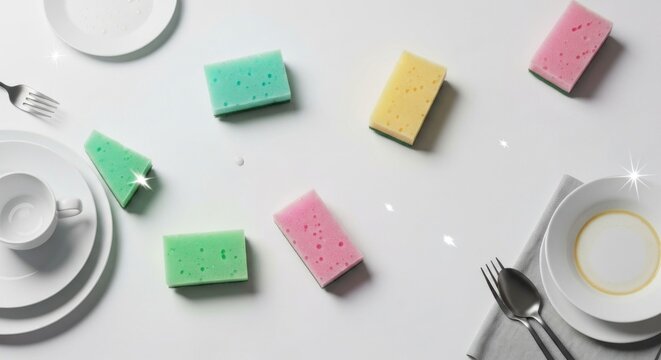 Kitchen scene clean dishes, colorful sponges, bright white surface