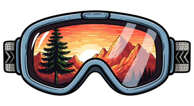 Illustration of ski goggles reflecting a vibrant mountain sunset with a pine tree.