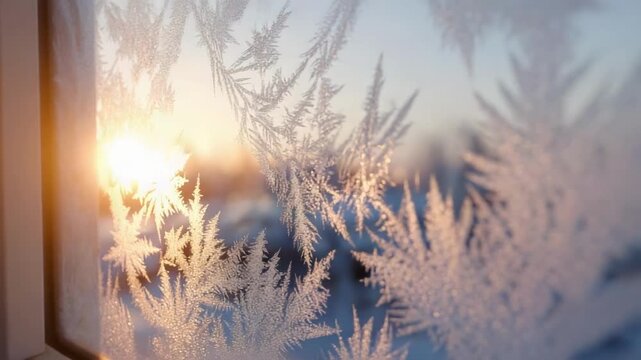 Close-up of frost crystals on a window, with sunlight peeking through at sunrise over a snowy winter scene.
