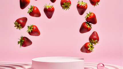 Floating strawberries above pink podium in playful, modern studio scene