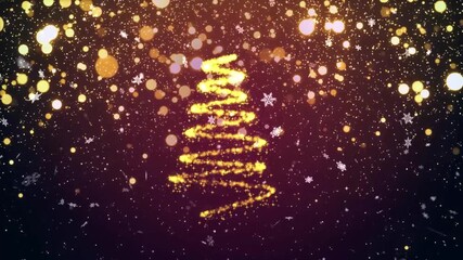 winter snow falling animation with golden glittering bokeh particles christmas tree and snowflakes motion abstract background - Powered by Adobe