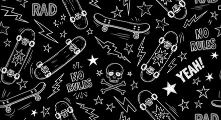 A dynamic black and white doodle pattern featuring skateboards, lightning bolts, stars, skulls, and text like 