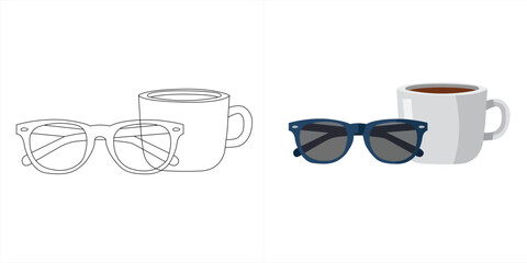 Sunglasses and coffee cup in color and outline