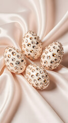 Luxurious jeweled eggs resting elegantly on soft, silky fabric