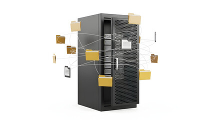 Modern server cabinet with documents exchanging information