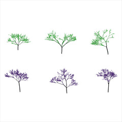 Abstract Tree Illustrations with Green and Purple Colors on White Background