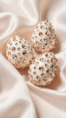 Luxurious jeweled eggs resting elegantly on soft, silky fabric