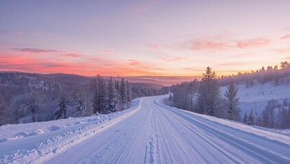 Fototapeta premium Snow-covered road under a sunset sky, seasonal change