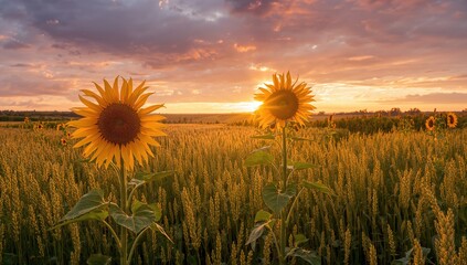 Yellow sunflowers blooming in a crop field under a cloudy sky, seasonal change