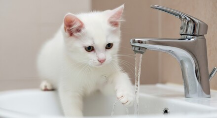 White kitten playing with water from a tap in a sink. Domestic cat exploring flowing water. Pet curiosity and playful moment concept. Color of the Year 2026
