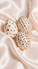 Luxurious jeweled eggs resting elegantly on soft, silky fabric
