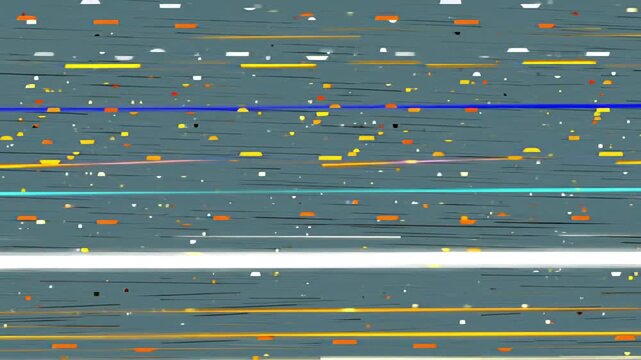 A scattered array of colored lines and shapes on a textured gray-blue background