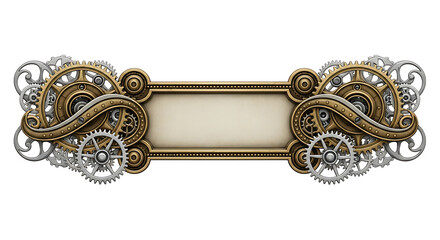 Elaborate steampunk banner with ornate gold and silver mechanical gears on a clean background