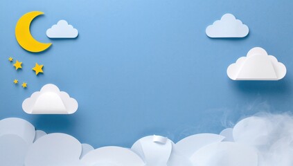 Vector design for a newborn boy celebration card featuring a blue background, fluffy clouds, crescent moon, and stars, ideal for baby photo display