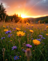 Colorful wildflowers bloom in big meadow at sunset time. Golden sun rays shine through tall green grass, illuminating yellow, purple blossoms. Serene natural landscape with large forest, vibrant