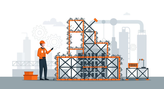 Robotic factory construction illustration showcasing automated industrial build process with