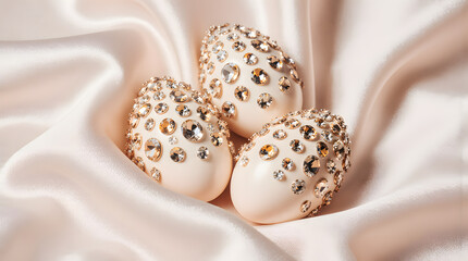 Luxurious jeweled eggs resting elegantly on soft, silky fabric