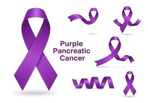 an illustration displays several vibrant purple ribbons symbolizing awareness and support for pancreatic cancer with text indicating the cause high quality